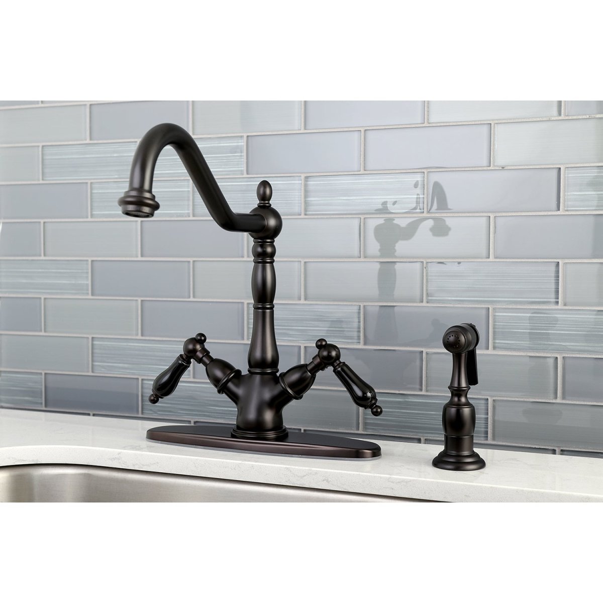 8" Centerset Deck Mount Kitchen Faucet W/ Brass Sprayer - BUILDMYPLACE