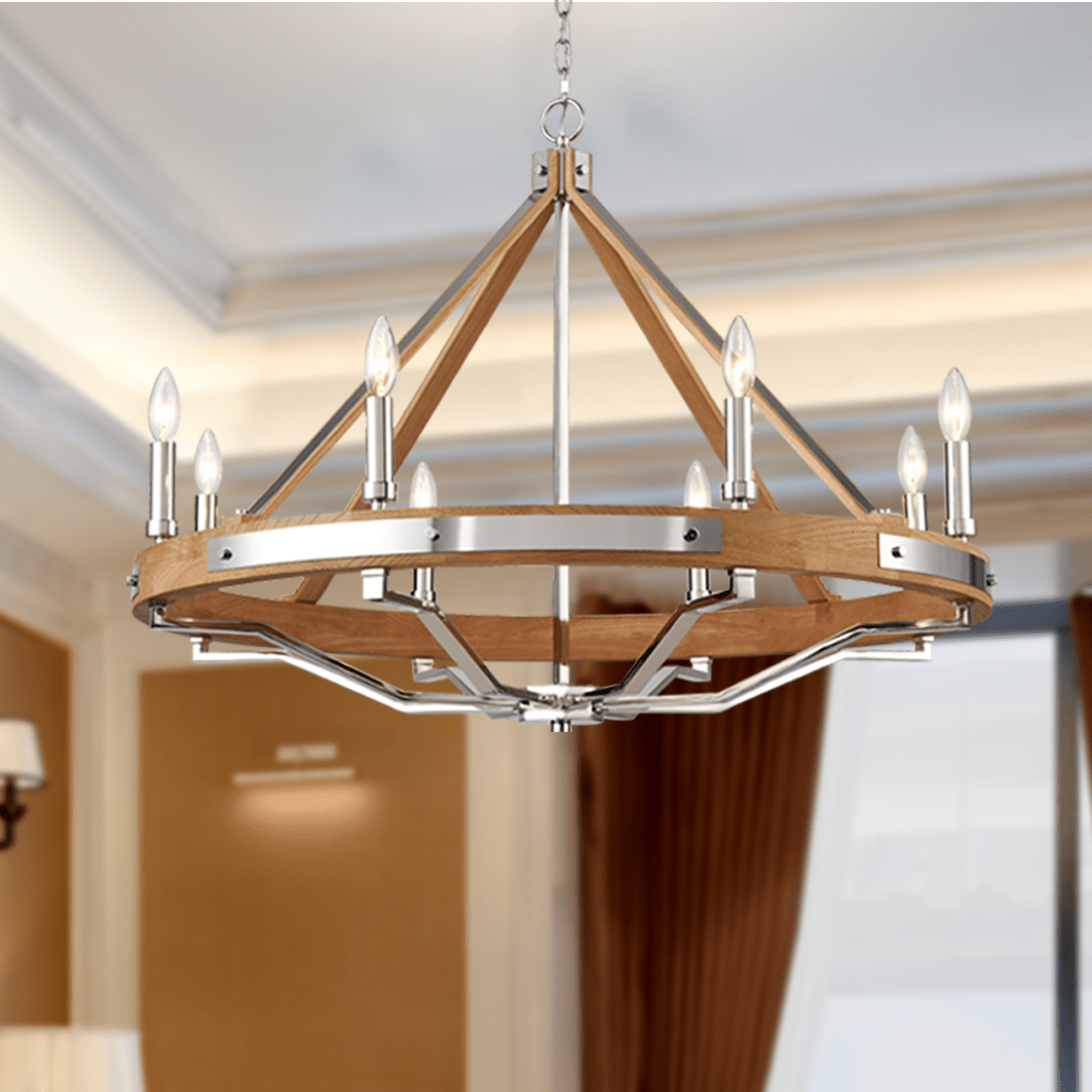 8 - Light Farmhouse Chandelier Diam 34'', E12 Base, Polished Nickel Finish Hardware with Nature Solid Ashwood - BUILDMYPLACE