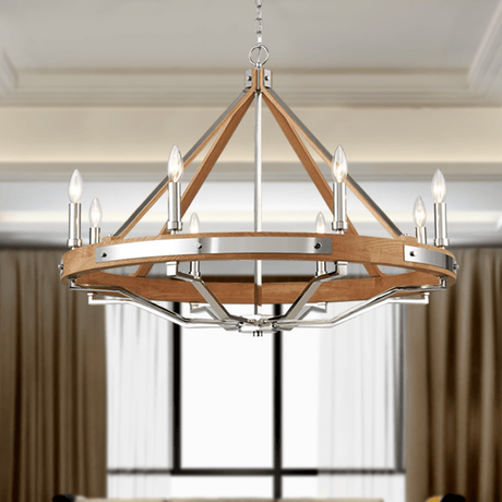 8 - Light Farmhouse Chandelier Diam 34'', E12 Base, Polished Nickel Finish Hardware with Nature Solid Ashwood - BUILDMYPLACE