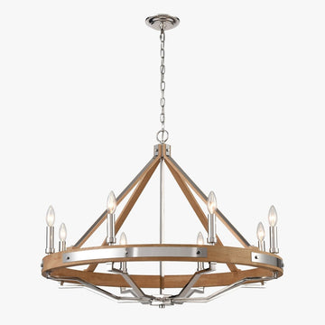 8-Light Farmhouse Chandelier Diam 34'', E12 Base, Polished Nickel Finish Hardware with Nature Solid Ashwood