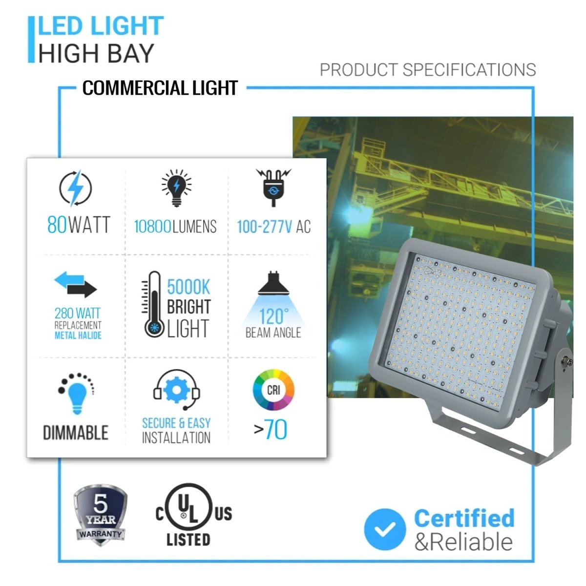 80 Watt LED Explosion Proof Flood Light, A Series, Dimmable, 5000K, 10800LM, AC100 - 277V, IP66, Hazardous Location Lighting Fixtures - BUILDMYPLACE