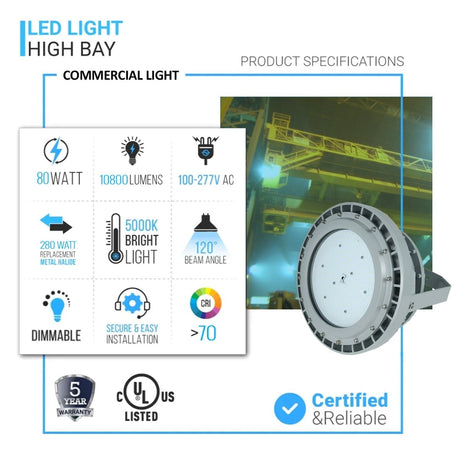 80 Watt LED Explosion Proof Round High Bay Light, C Series, Dimmable, 5000K, 10800LM, AC100 - 277V, IP66, Hazardous Location Lighting Fixtures - BUILDMYPLACE