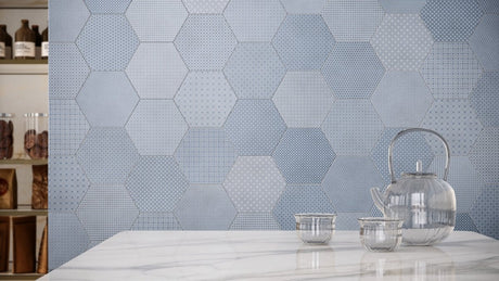 8.5 in Tapestri Denim Blend Hexagon Matte Pressed Glazed Porcelain Tile - BUILDMYPLACE