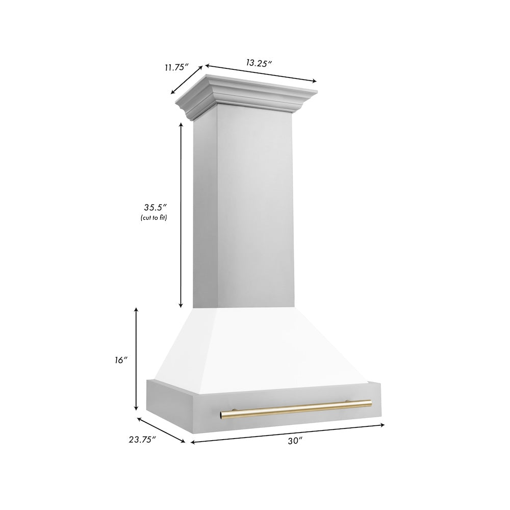 ZLINE Autograph Edition 30" Stainless Steel Range Hood with White Matte Shell and Polished Gold Handle (8654STZ-WM30-G)
