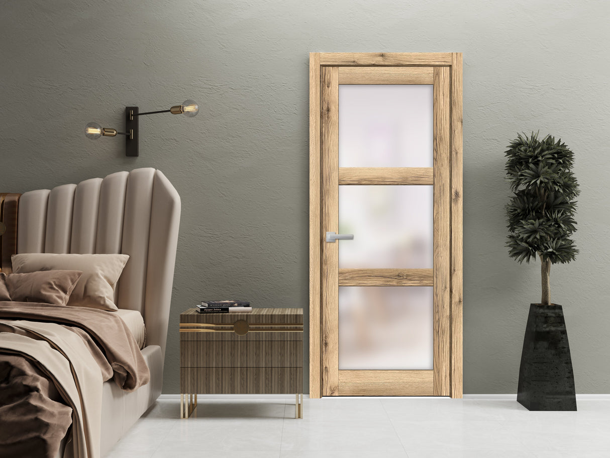 Solid French Door | Lucia 2552 Oak with Frosted Glass | Single Regular Panel Frame Trims Handle | Bathroom Bedroom Sturdy Doors