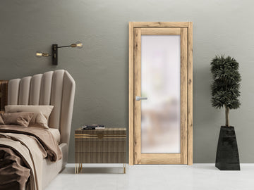 Solid French Door | Planum 2102 Oak with Frosted Glass | Single Regular Panel Frame Trims Handle | Bathroom Bedroom Sturdy Doors