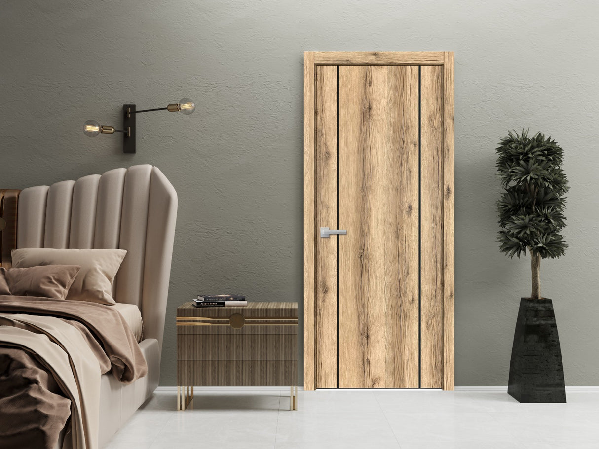 Modern Wood Interior Door with Hardware | Planum 0017 Oak | Single Panel Frame Trims | Bathroom Bedroom Sturdy Doors