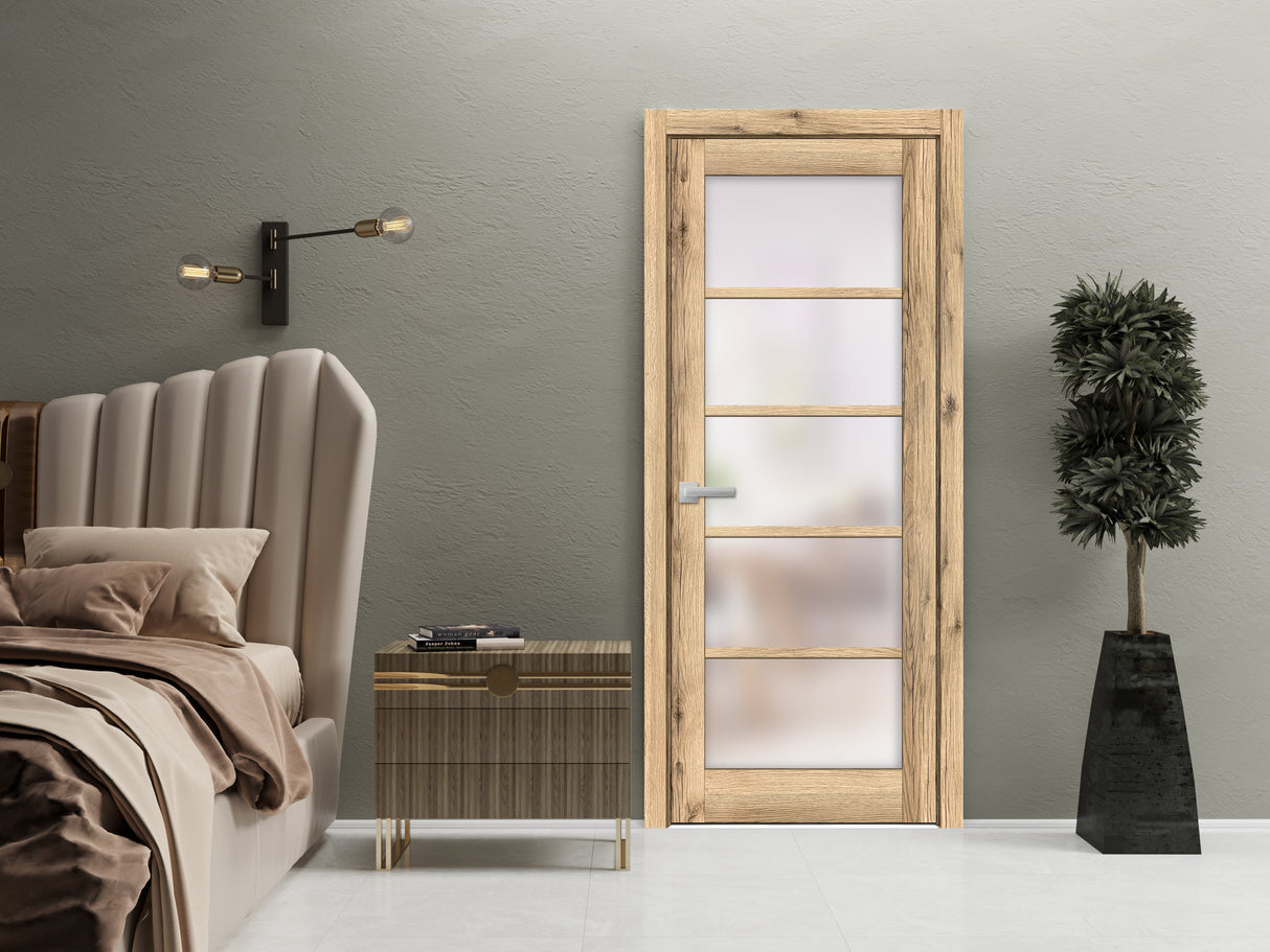 Solid French Door | Quadro 4002 Oak with Frosted Glass | Single Regular Panel Frame Trims Handle | Bathroom Bedroom Sturdy Doors