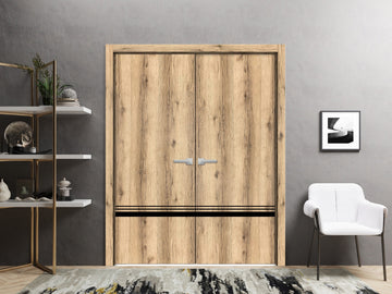 Planum Solid French Double Doors | Planum 0012 Oak | Wood Solid Panel Frame Trims | Closet Bedroom Sturdy Doors