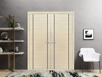 Solid French Double Doors | Planum 0017 Natural Veneer | Wood Solid Panel Frame Trims | Closet Bedroom Sturdy Doors