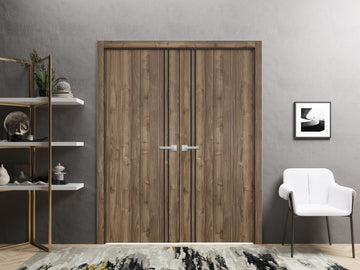 Planum Solid French Double Doors | Planum 0016 Walnut | Wood Solid Panel Frame Trims | Closet Bedroom Sturdy Doors