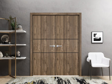 Planum Solid French Double Doors | Planum 0014 Walnut | Wood Solid Panel Frame Trims | Closet Bedroom Sturdy Doors