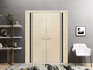 Solid French Double Doors | Planum 0011 Natural Veneer | Wood Solid Panel Frame Trims | Closet Bedroom Sturdy Doors