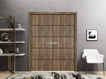 Planum Solid French Double Doors | Planum 0015 Walnut | Wood Solid Panel Frame Trims | Closet Bedroom Sturdy Doors