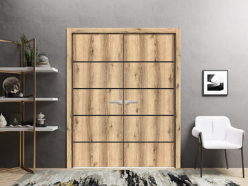 Planum Solid French Double Doors | Planum 0015 Oak | Wood Solid Panel Frame Trims | Closet Bedroom Sturdy Doors