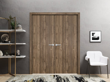 Solid French Double Doors | Planum 0010 Walnut | Wood Solid Panel Frame Trims | Closet Bedroom Sturdy Doors