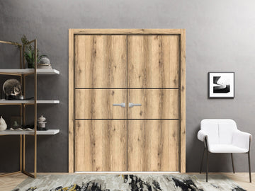 Planum Solid French Double Doors | Planum 0014 Oak | Wood Solid Panel Frame Trims | Closet Bedroom Sturdy Doors