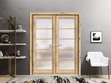 Solid French Double Doors | Quadro 4002 Oak with Frosted Glass | Wood Solid Panel Frame Trims | Closet Bedroom Sturdy Doors