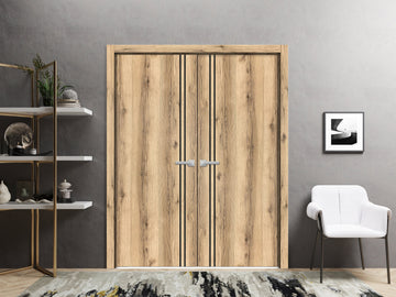 Planum Solid French Double Doors | Planum 0016 Oak | Wood Solid Panel Frame Trims | Closet Bedroom Sturdy Doors