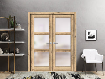 Solid French Double Doors | Lucia 2552 Oak with Frosted Glass | Wood Solid Panel Frame Trims | Closet Bedroom Sturdy Doors