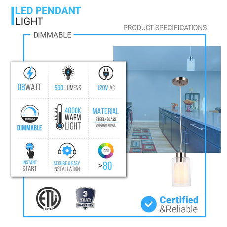 8W Cylinder Shape LED Pendant Light, Brushed Nickel Finish, 4000K (Cool White), 500 Lumens, ETL Listed - BUILDMYPLACE