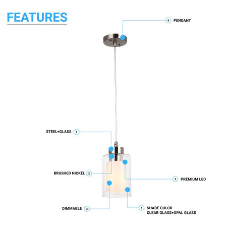 8W Cylinder Shape LED Pendant Light, Brushed Nickel Finish, 4000K (Cool White), 500 Lumens, ETL Listed - BUILDMYPLACE