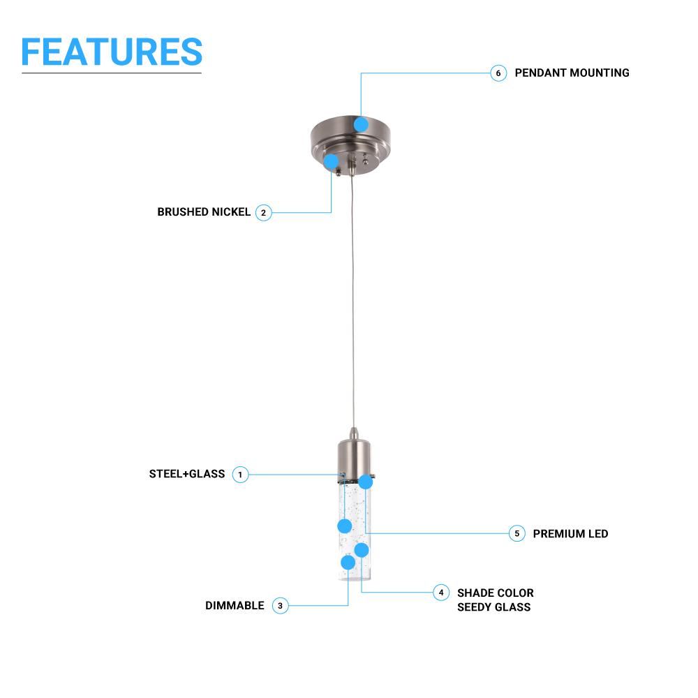 8W Dimmable LED Pendant Ceiling Light, 3000K (Warm White), Seedy Glass Shade, Dimmable, 400 Lumens, ETL Listed - BUILDMYPLACE