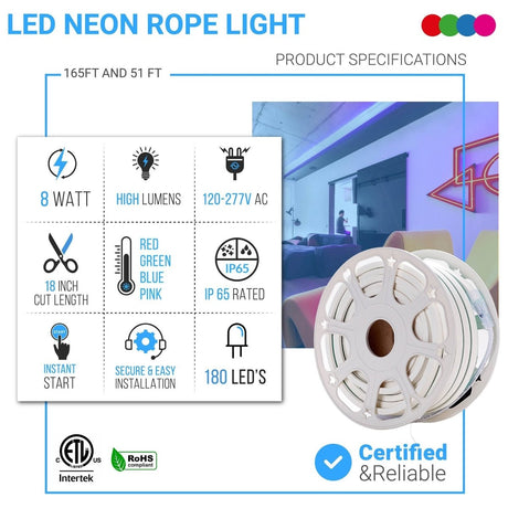 8W Neon Flex LED Rope Lights - BGRP - 120V, IP65 Rated - UL/ETL Listed - 200 Lumens - BUILDMYPLACE