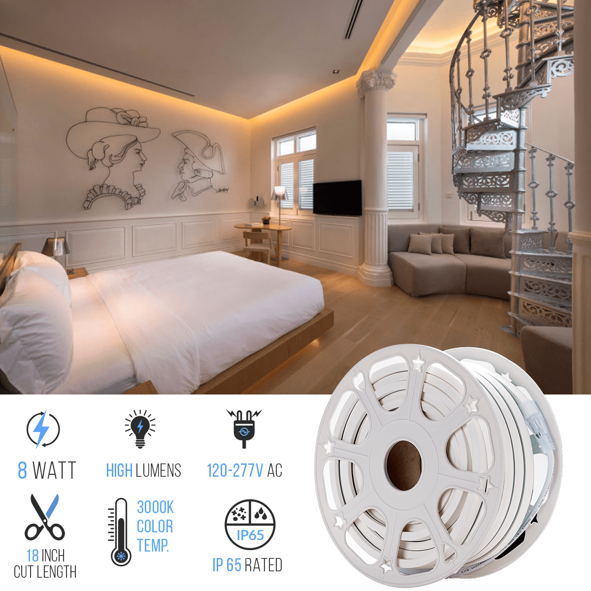 8W Neon Flex LED Rope Lights - White - 120V, IP65 Rated - UL/ETL Listed - 200 Lumens - BUILDMYPLACE