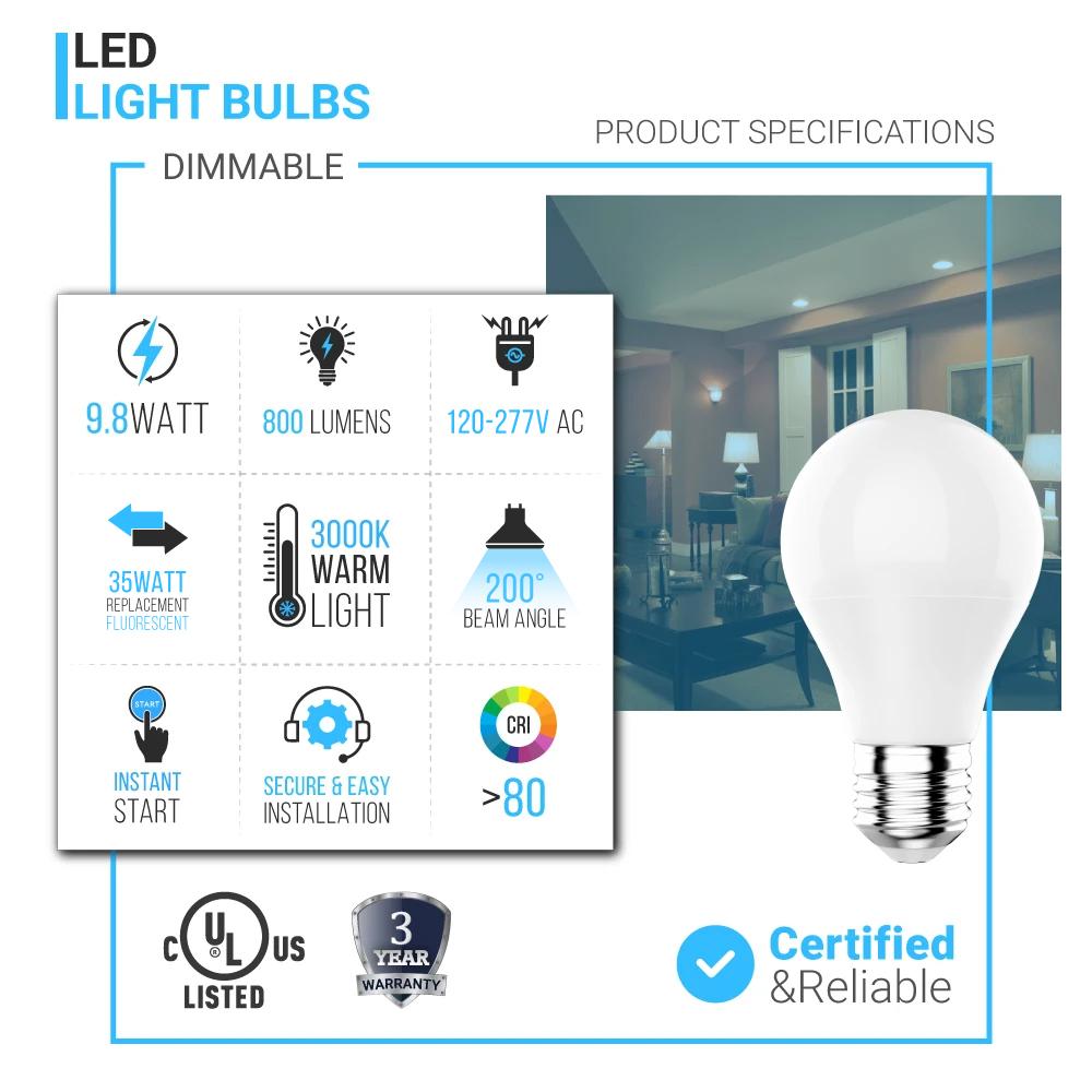 9.8W LED Light Bulbs - 3000K Dimmable - 800 Lm - E26 Base - Soft White A19 Bulb - BUILDMYPLACE