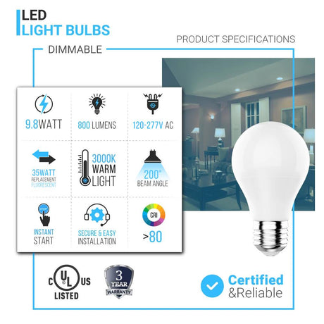 9.8W LED Light Bulbs - 3000K Dimmable - 800 Lm - E26 Base - Soft White A19 Bulb - BUILDMYPLACE