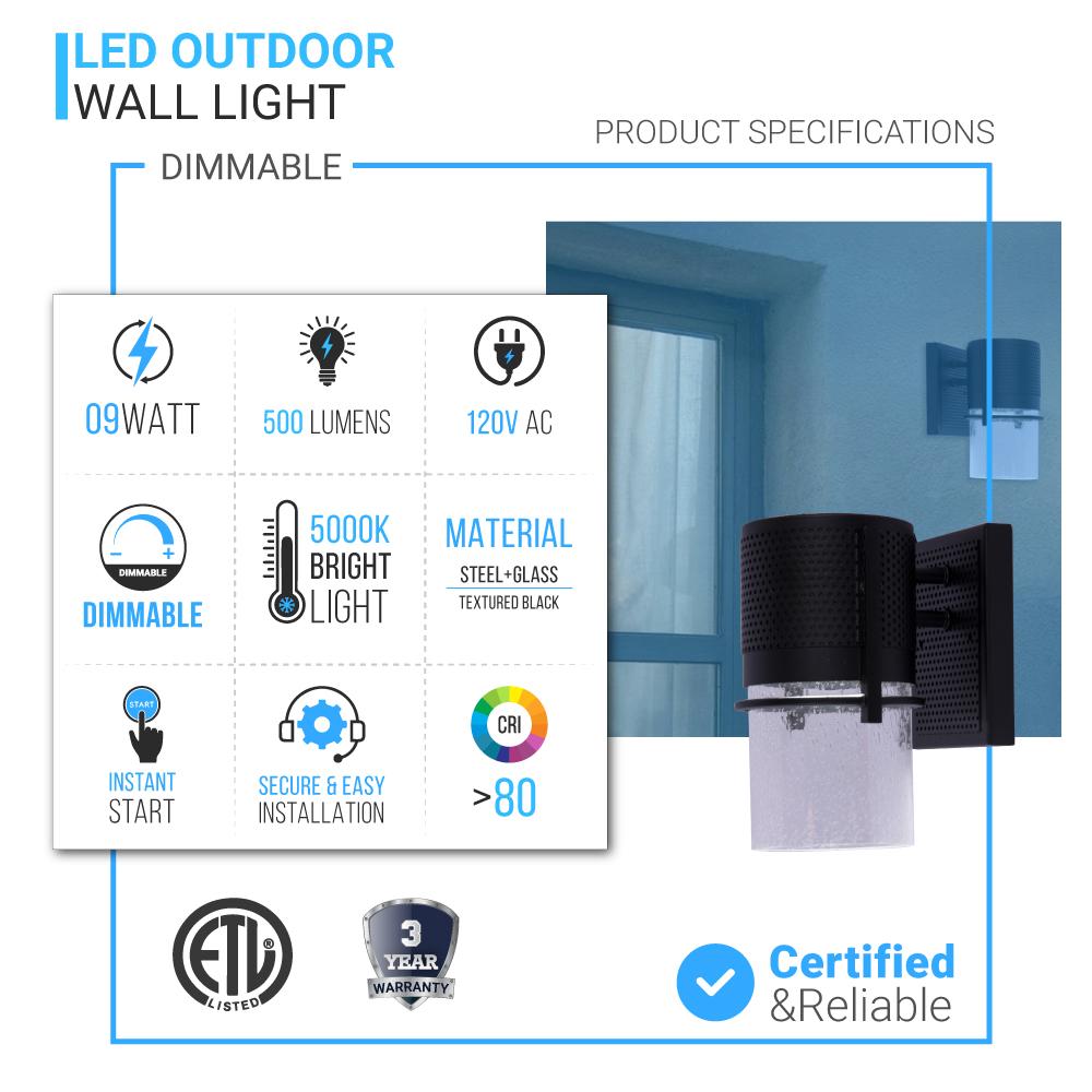 9W Cylinder LED Wall Sconce Light 5000K Daylight White, 500 Lumens, LED Outdoor Wall Light, Clear Bubble Glass, 120V Dimmable ETL Listed Textured Black Finish - BUILDMYPLACE