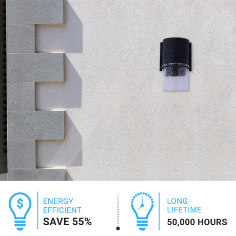 9W Cylinder LED Wall Sconce Light 5000K Daylight White, 500 Lumens, LED Outdoor Wall Light, Clear Bubble Glass, 120V Dimmable ETL Listed Textured Black Finish - BUILDMYPLACE