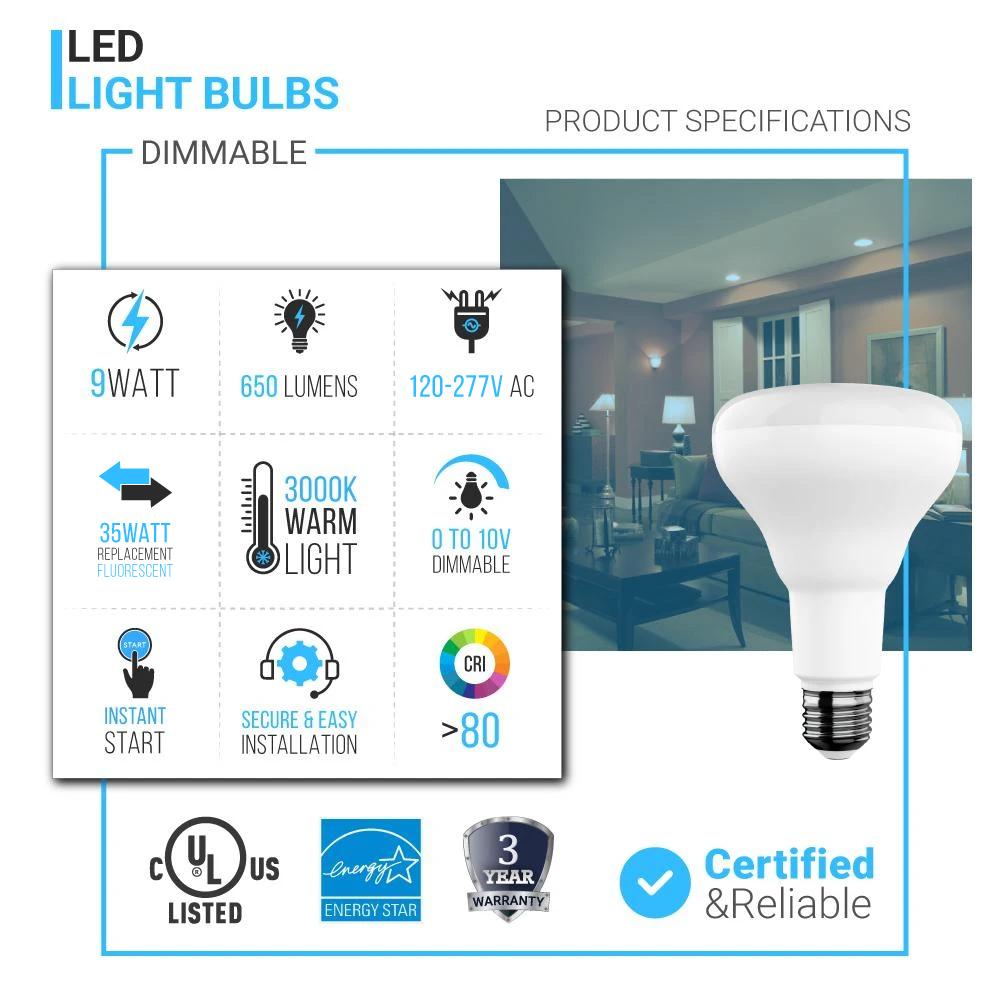 9W LED Light Bulbs - BR30 - 3000K Dimmable - 650 Lm - E26 Base - Soft White - BUILDMYPLACE