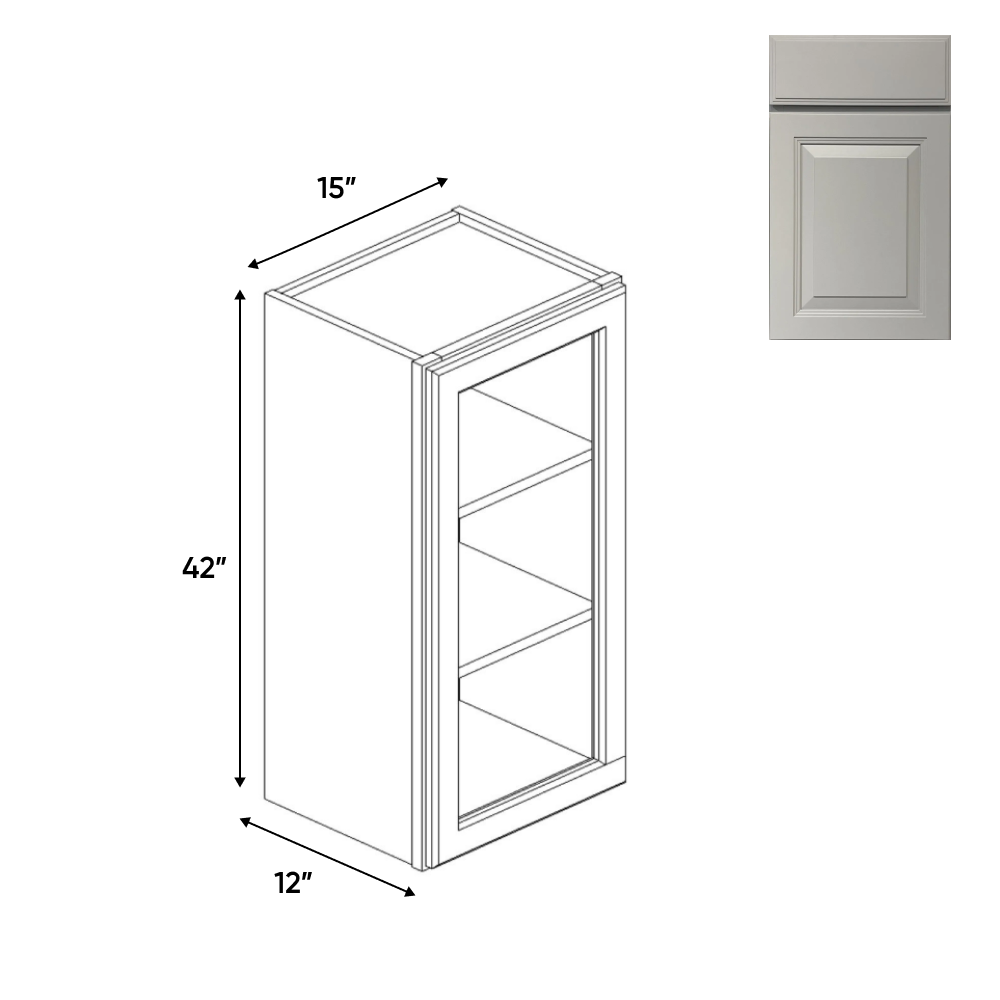 RTA - Avalon Ashen - Single Glass Door Wall Cabinets - 15"W x 42"H x 12"D