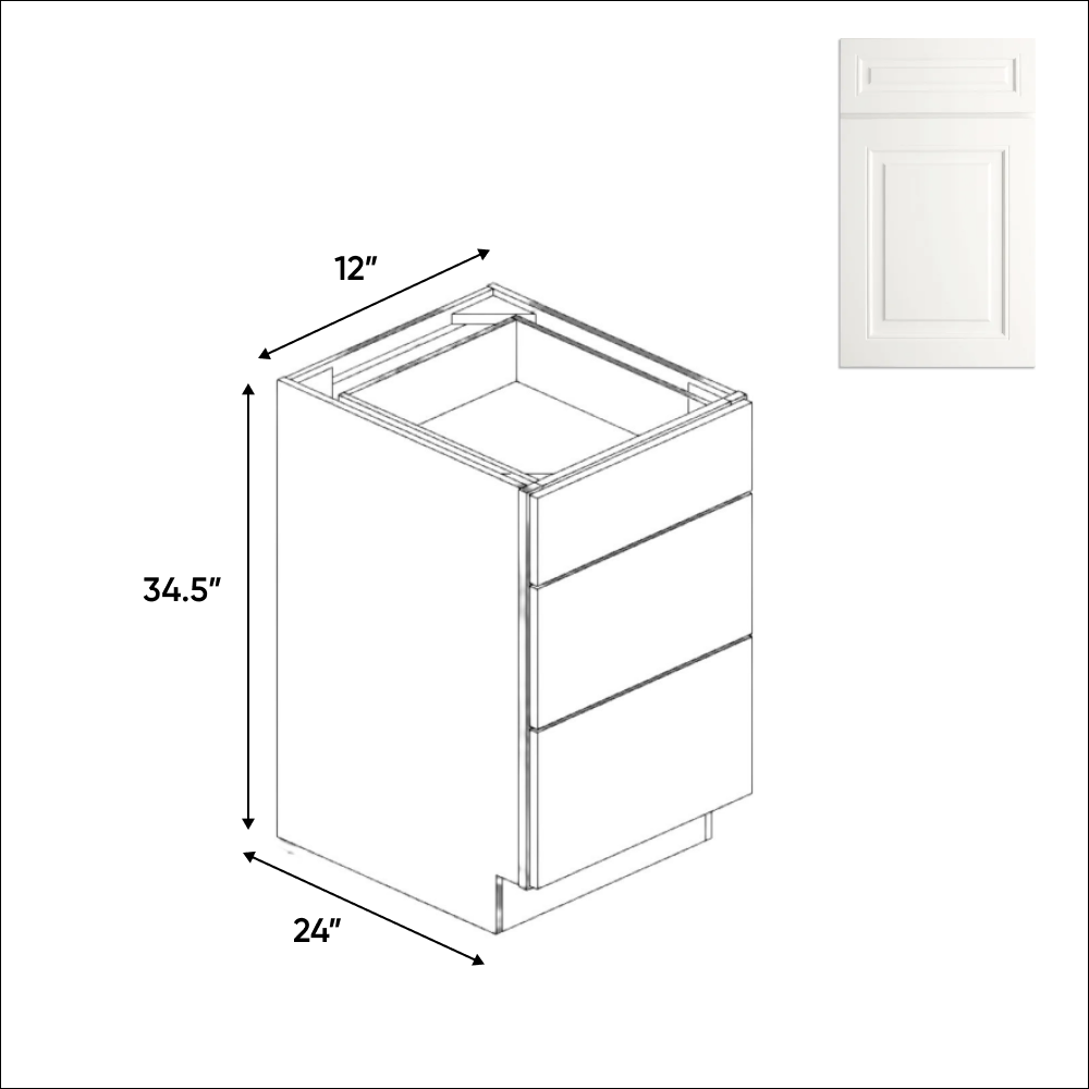 Atlas Blanco - Three Drawer Base Cabinets - 12"W x 34.5"H x 24"D - Pre Assembled