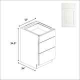 RTA - Atlas Blanco - Three Drawer Base Cabinets - 12"W x 34.5"H x 24"D