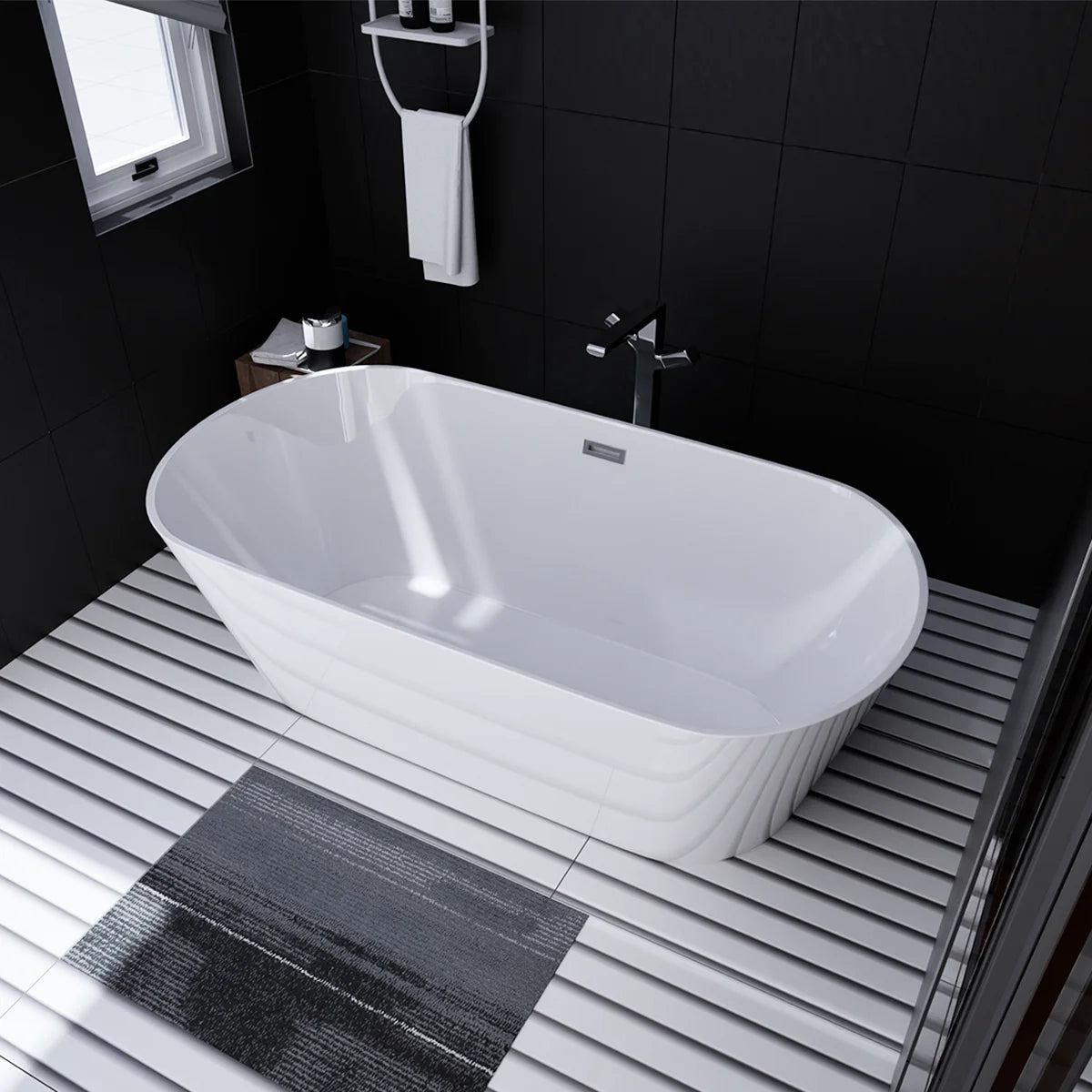 Marine 67 in. Classic Series Acrylic Freestanding Soaking Bathtub in Glossy White with Chrome-Plated Drain Cover & Pop Up-Overflow Hole