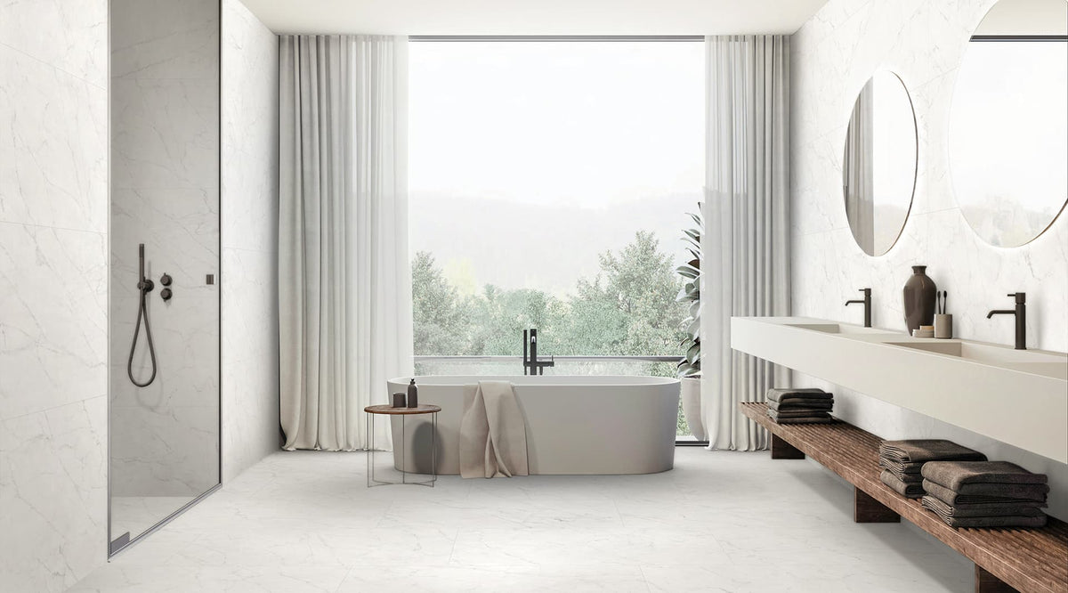 12 x 24 in Majesto Ariel Bianco Polished Rectified Colorsync Porcelain Tile installed