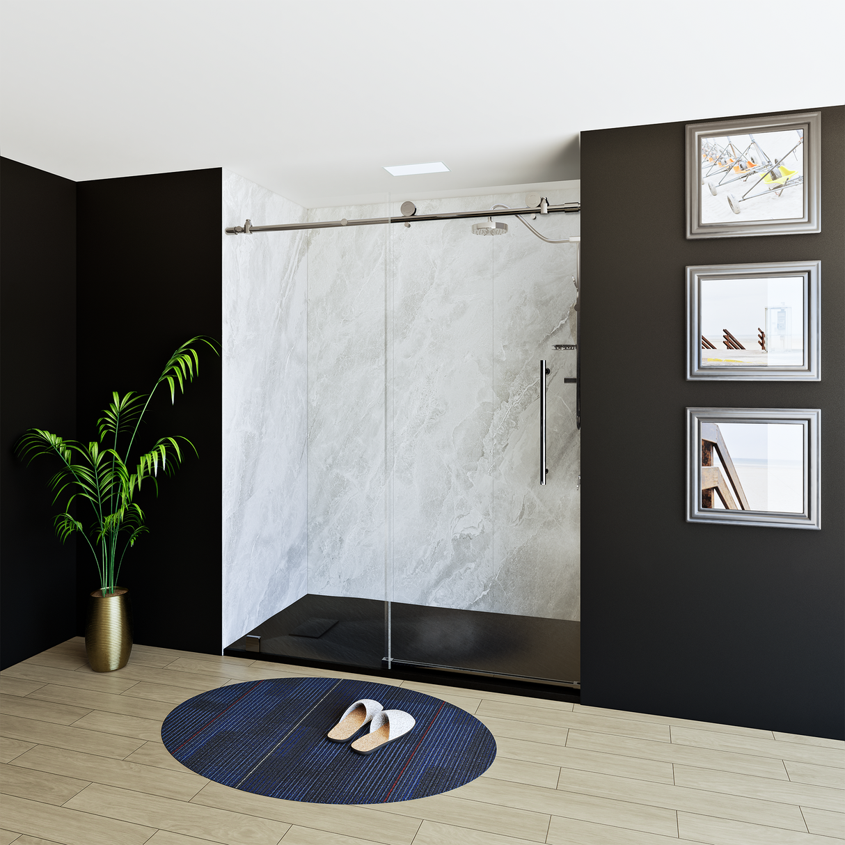 60" x 76" Frameless Shower Door with Brushed Grey - Solid Surface Shower Base Tray - Shower Kit with covered drain - and 5pc Shower Wall System