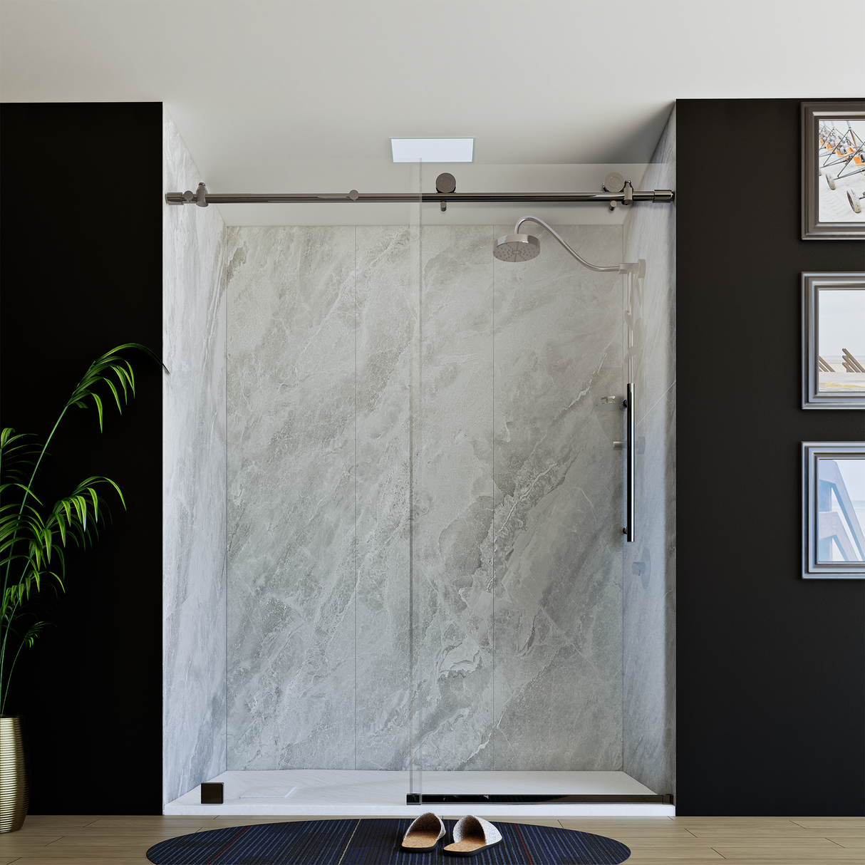 60" x 76" Frameless Shower Door with Brushed Grey - Solid Surface Shower Base Tray - Shower Kit with covered drain - and 5pc Shower Wall System