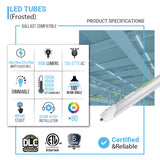 T8 8ft LED Tube/Bulb - 48w/40w/36w/32w Wattage Adjustable, 130lm/w, 3000k/4000k/5000k/6500k CCT Changeable, Frosted, FA8 Single Pin, Double End Power - Ballast Bypass