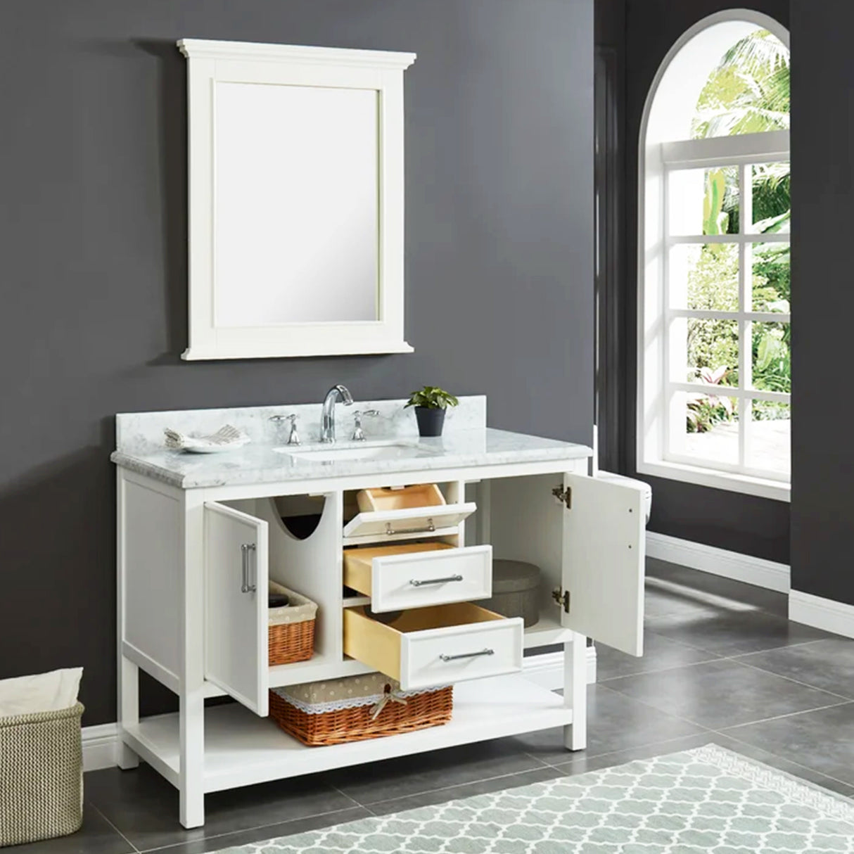 Manhattan Freestanding Solid Wood Bathroom Vanity with Natural Carrara White Marble Sink Top with 4 In. Backsplash