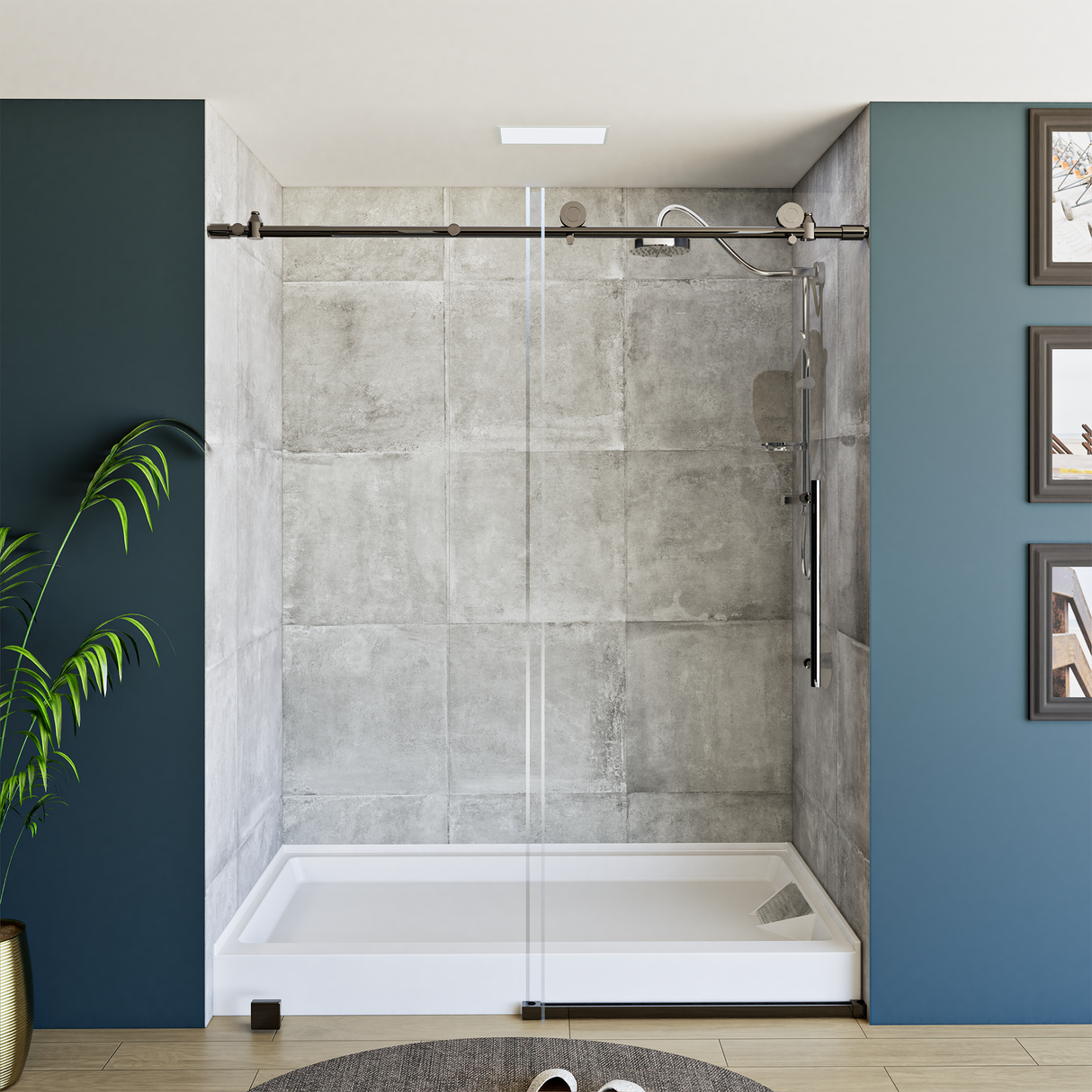 60" x 76" Frameless Shower Door - Acrylic Shower Pan with Drain - Shower Kit with 5pc Shower Wall System