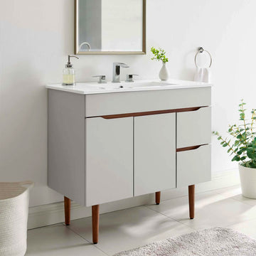 Harvey Modern 36 Inch Gray White Freestanding Bathroom Vanity With Ceramic Single Sink, 2 Doors & 2 Drawers