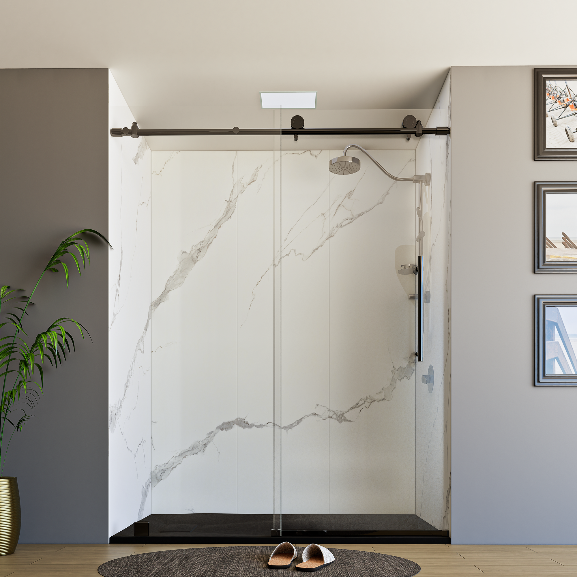 60" x 76" Frameless Shower Door with Black - Solid Surface Shower Base Tray - Shower Kit with covered drain - and 5pc Shower Wall System