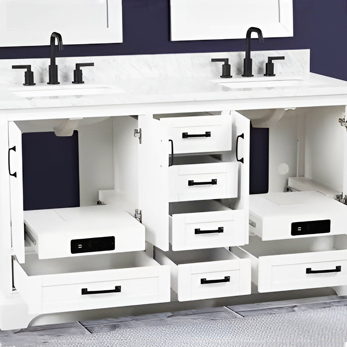 Rhoda Freestanding White Solid Wood Bathroom Vanity with Natural Carrara White Marble Sink Top with 4 In. Backsplash