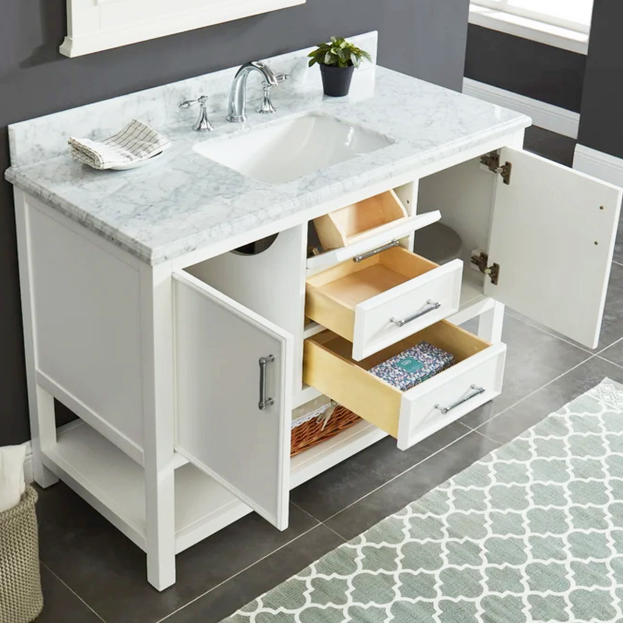 Manhattan Freestanding Solid Wood Bathroom Vanity with Natural Carrara White Marble Sink Top with 4 In. Backsplash