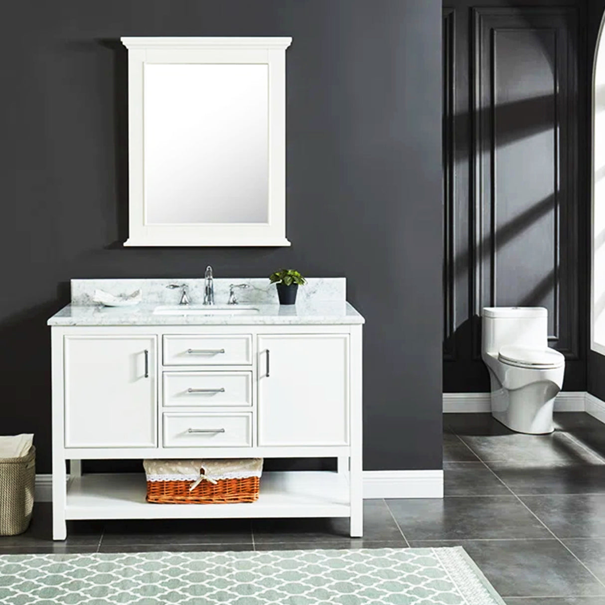 Manhattan Freestanding Solid Wood Bathroom Vanity with Natural Carrara White Marble Sink Top with 4 In. Backsplash