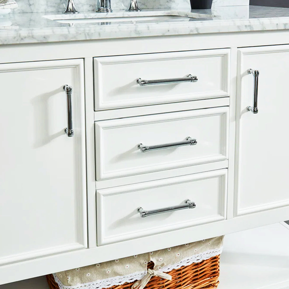 Manhattan Freestanding Solid Wood Bathroom Vanity with Natural Carrara White Marble Sink Top with 4 In. Backsplash